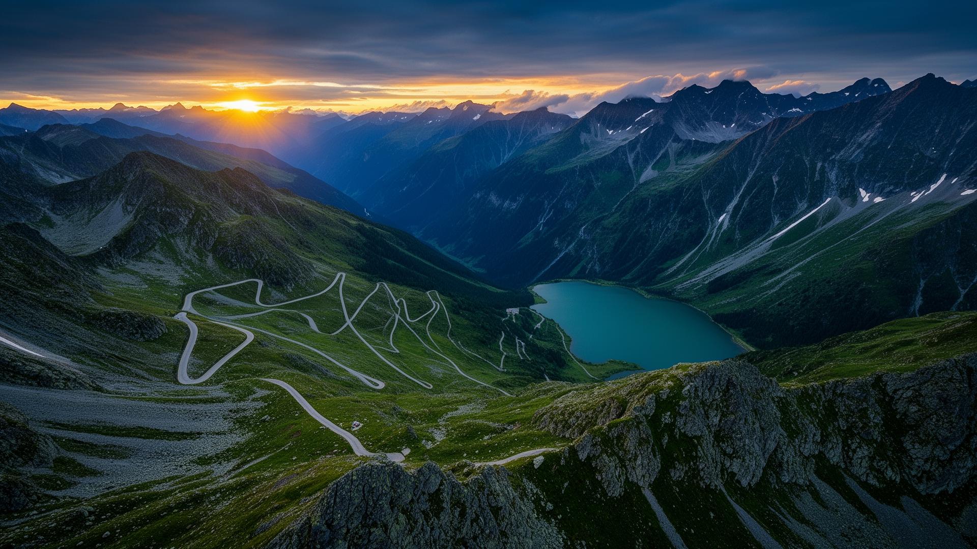 Aerial view of a winding mountain trail at golden hour